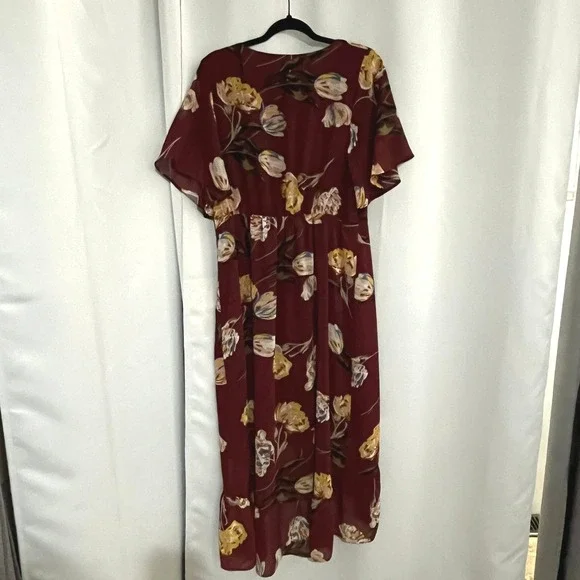 A New Day Womens Burgundy Floral Wrap High-Low Ruffle Midi Dress Large L Garden - Picture 3 of 16